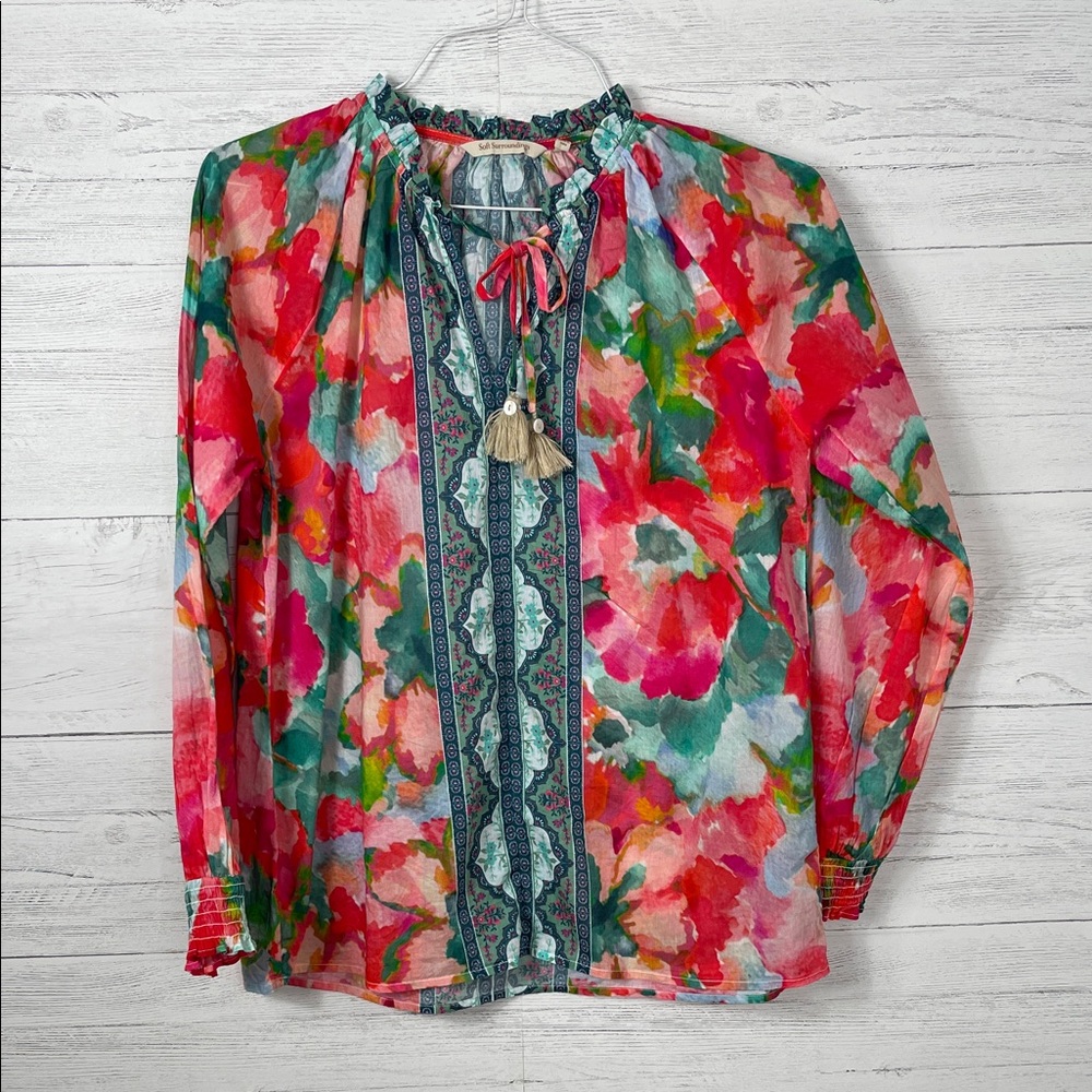 Soft Surroundings Vibrant Floral Blouse - Red, Green, Blue